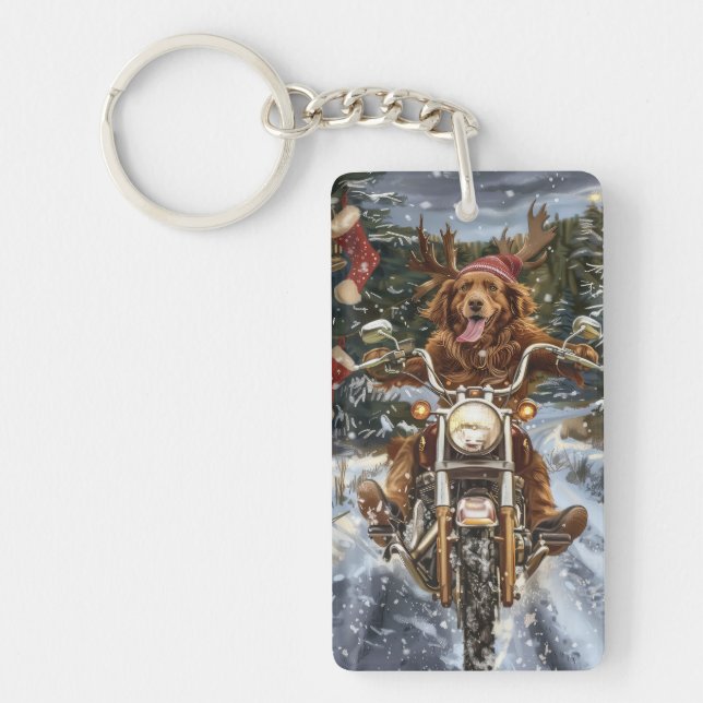 Nova Scotia Dog Riding Motorcycle Christmas Key Ring (Front)