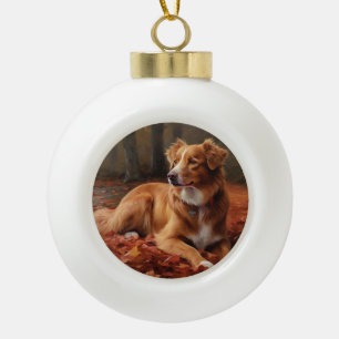 Nova Scotia Duck Terrier In Autumn Leaves Fall Ceramic Ball Christmas Ornament