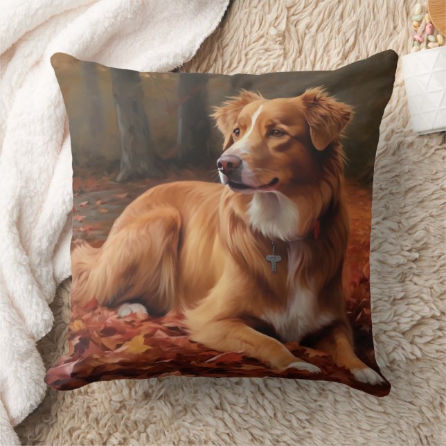 Nova Scotia Duck Terrier In Autumn Leaves Fall  Cushion (Blanket)