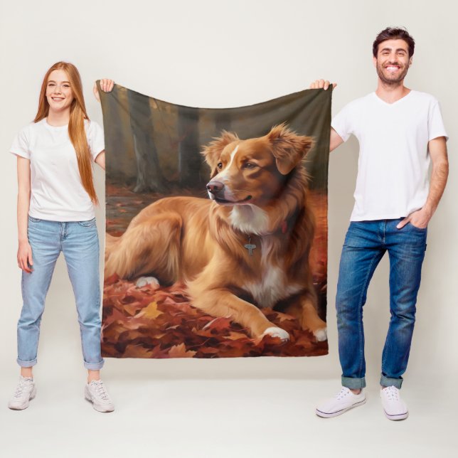 Nova Scotia Duck Terrier In Autumn Leaves Fall  Fleece Blanket (In Situ)