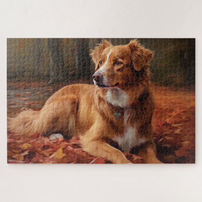 Nova Scotia Duck Terrier In Autumn Leaves Fall  Jigsaw Puzzle (Horizontal)