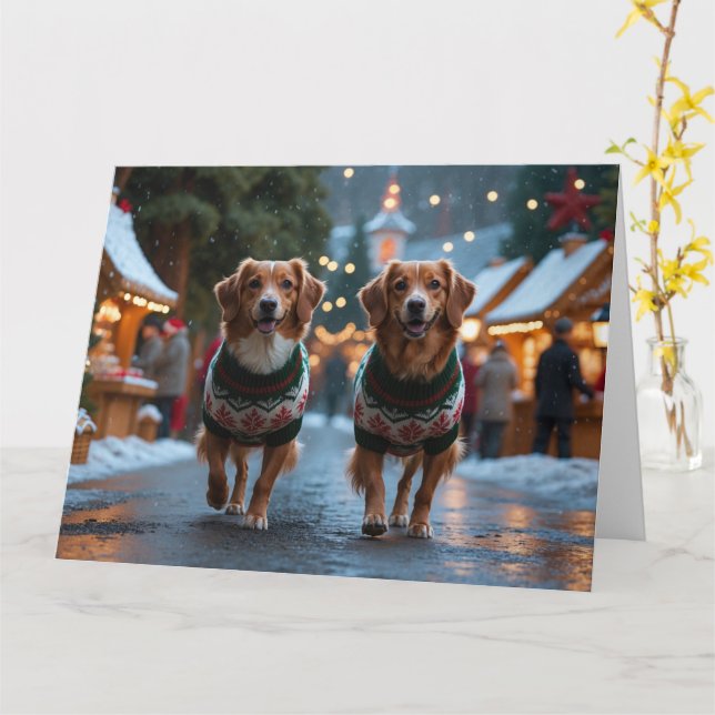 Nova Scotia Duck Toller Christmas Snow Holiday Card (Yellow Flower)