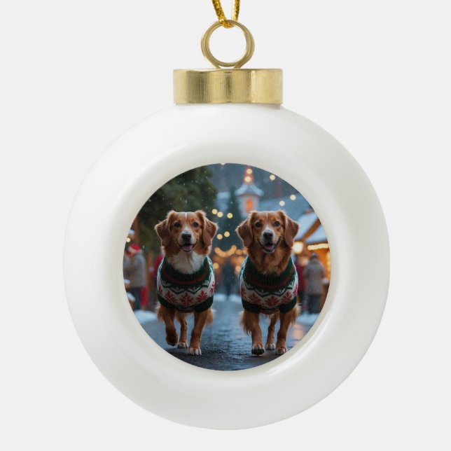 Nova Scotia Duck Toller Christmas Snow Holiday Ceramic Ball Christmas Ornament (Front)