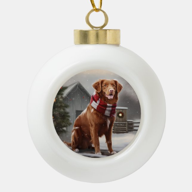 Nova Scotia Duck Toller Dog in Snow Christmas Ceramic Ball Christmas Ornament (Front)