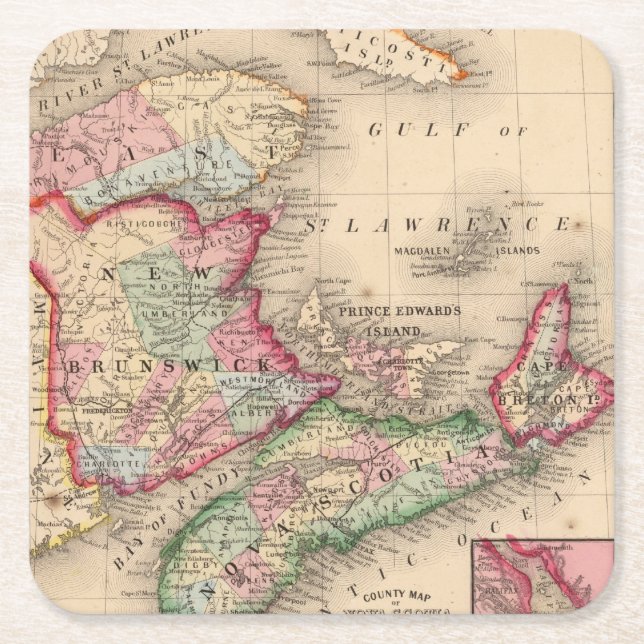 Nova Scotia, New Brunswick, Map by Mitchell Square Paper Coaster (Front)