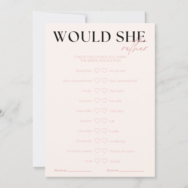 Nova Would She Rather Bridal Game Invitation (Front)