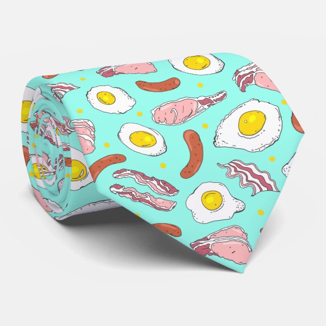 Novelty Bacon Egg Sausage Breakfast Blue Tie (Rolled)