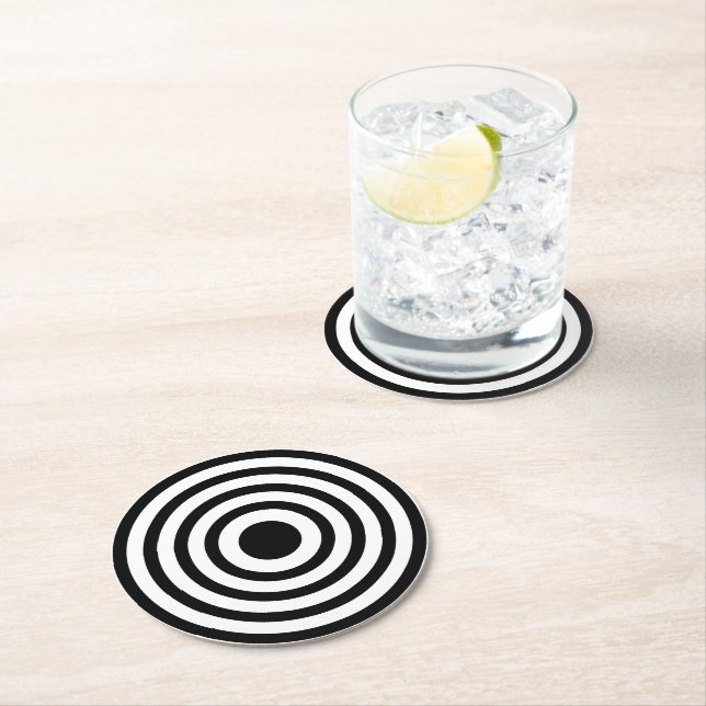 Novelty Black and White Bullseyes Circles Round Paper Coaster (Insitu)