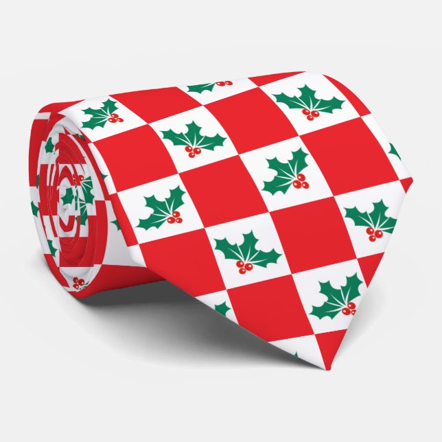 Novelty chequered Holly Christmas Tie (Rolled)