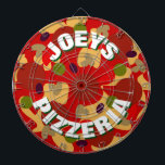Novelty custom pepperoni pizza dartboard design<br><div class="desc">Novelty custom pepperoni pizza dartboard game. Funny fast food theme dart board design with personalised name. Cool wall decor for real men's man cave, pizzeria, italian restaurant, bar, pub, dorm room, bedroom, kitchen, diner, cafe, office, shop, store, business, company etc. Personalizable with family name or humourous quote. Awesome Birthday gift...</div>