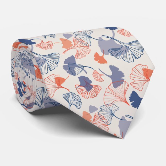 Novelty Ginkgo Navy Blue and Orange Pattern Tie (Rolled)