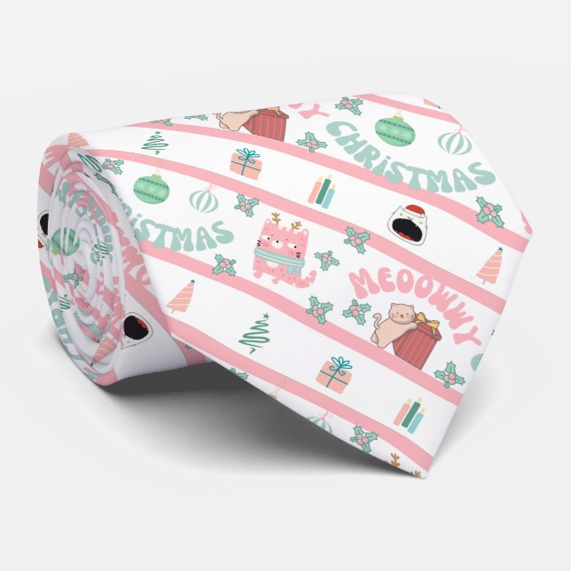 Novelty Holiday Cat Christmas  Tie (Rolled)