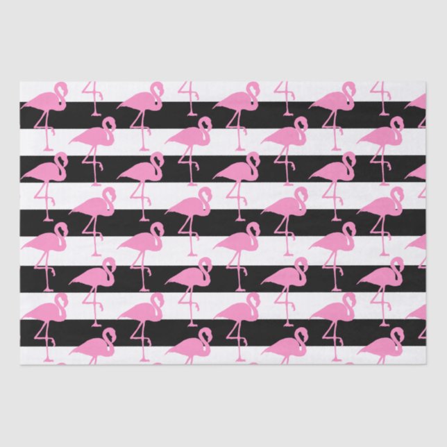 Novelty Pink Flamingos on Black and White Striped Tissue Paper (Front)