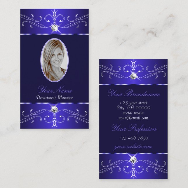 Novelty Royal Blue Ornate Ornaments Add Photo Chic Business Card (Front/Back)