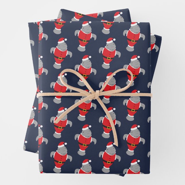 Novelty Santa Animal Manatee Christmas Wrapping Paper Sheet (In situ)