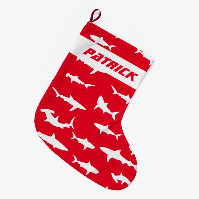 Novelty Shark Lover Red and White Festive Large Christmas Stocking (Front (Hanging))