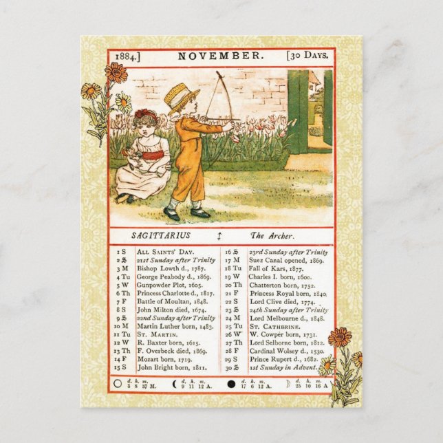 November 1884 Almanac.  Sagittarius, The Archer Postcard (Front)