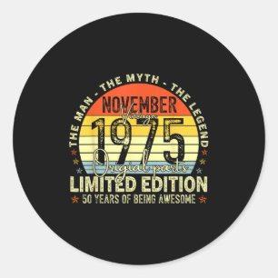 November 1975 50th Birthday For Men Women 50 Year Classic Round Sticker