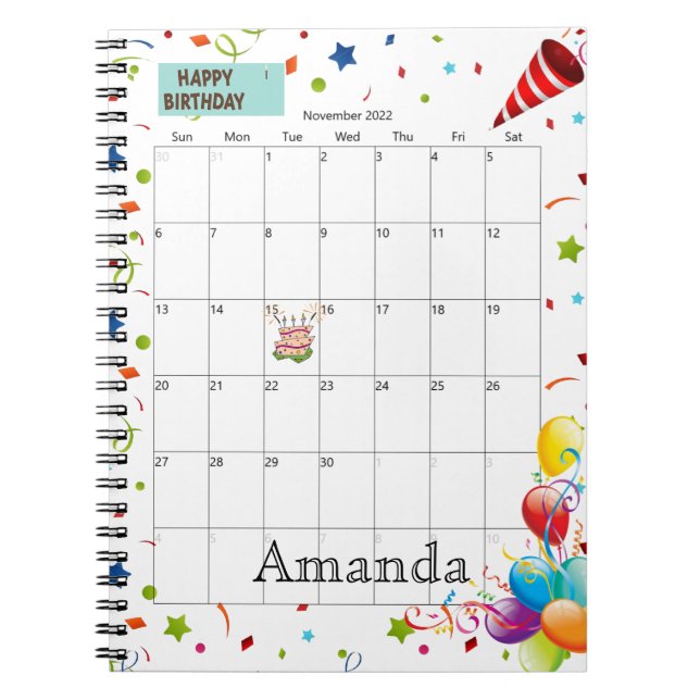 November 2022 Calendar Happy Birthday Notebook (Front)