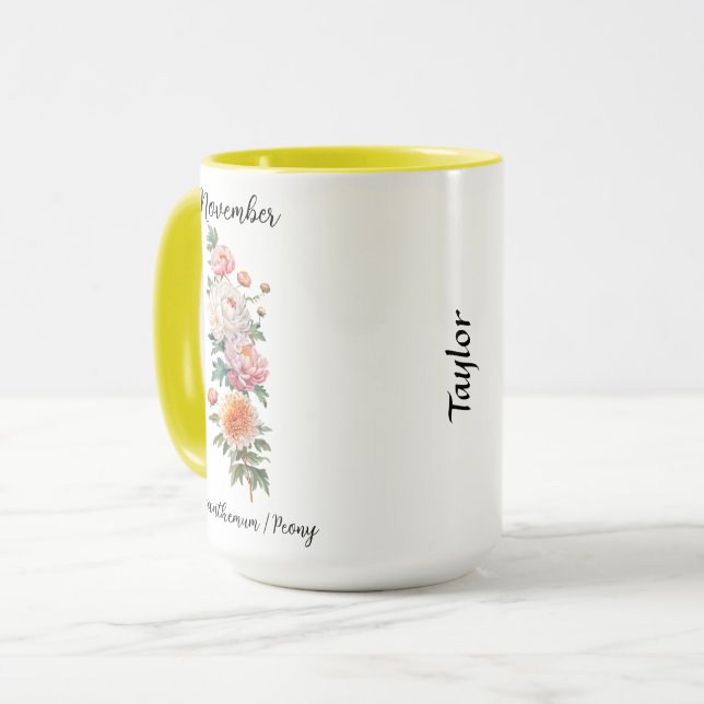 November Birth Flower Chrysanthemum and Peony Mug (Front Left)