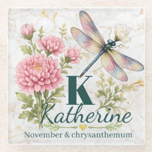 November Birth Flower Chrysanthemum & Dragonfly Glass Coaster