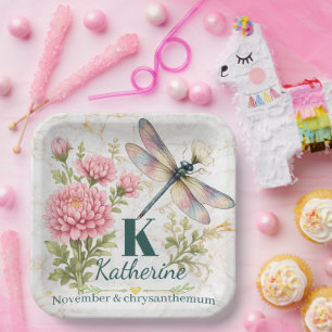 November Birth Flower Chrysanthemum & Dragonfly Paper Plate