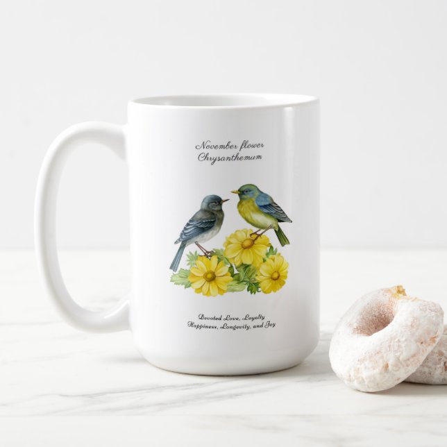 November Birth Month Flower Chrysanthemum Birds Coffee Mug (With Donut)