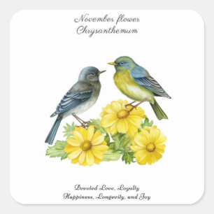 November Birth Month Flower Chrysanthemum Birds Square Sticker