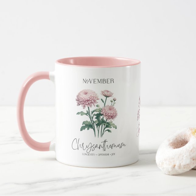 November Birth Month Flower Chrysanthemum Gift Mug (With Donut)