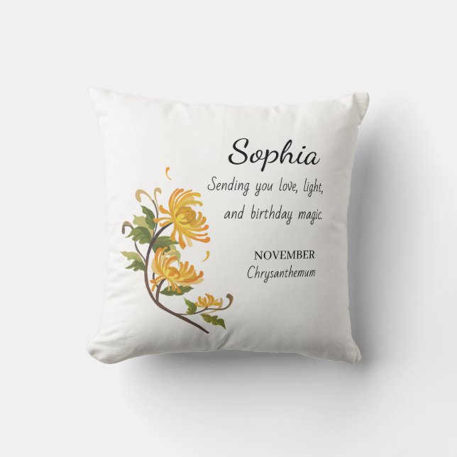 November Chrysanthemum Personalised Birthday Cushion (Front)
