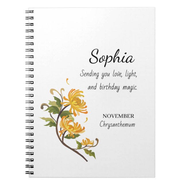 November Chrysanthemum Personalised Birthday Notebook (Front)