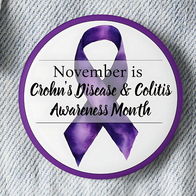 November Crohn’s Disease & Colitis Awareness Month 6 Cm Round Badge (November Purple Ribbon Crohn's Disease & Colitis Awareness Month pinback button.)