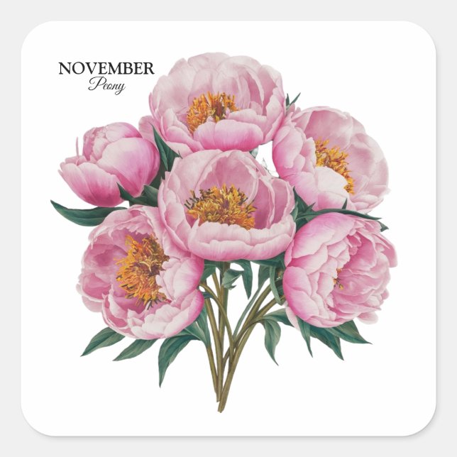 November Peony Bloom - Personalized Birthday Gift Square Sticker (Front)