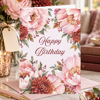 November Peony Chrysanthemum Floral Birthday Card