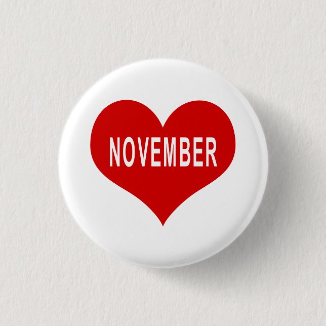 NOVEMBER Red Love Heart Button (Front)