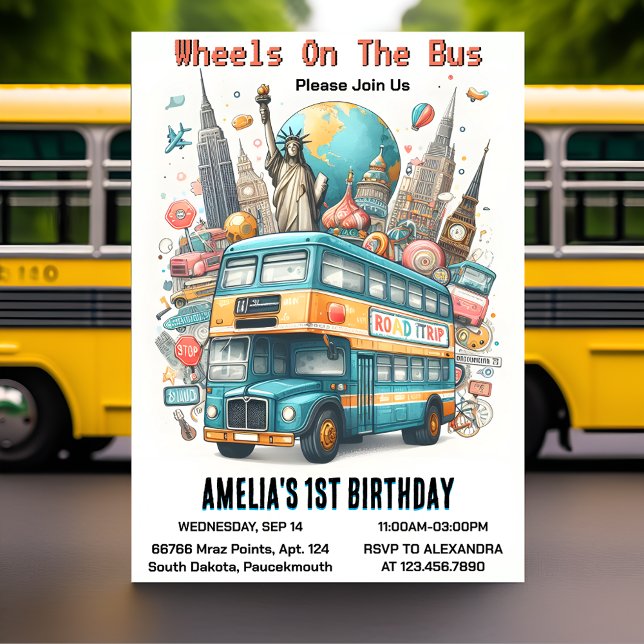 Now Boy Cute Girl Tour City Party Bus 1st Birthday Invitation (Creator Uploaded)