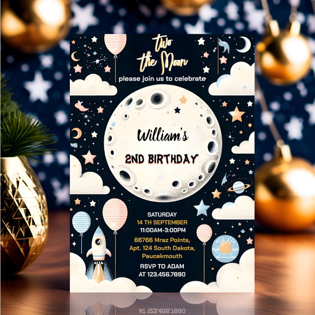 Now Cute Space night sky Two The Moon 2nd Birthday Invitation (Creator Uploaded)