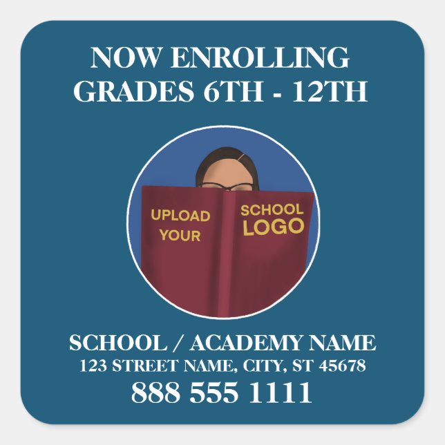 Now Enrolling Modern Blue School Logo Promotional Square Sticker (Front)