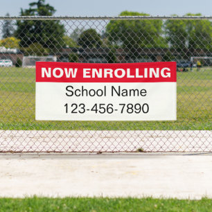 Now Enrolling Red White School Name Phone Number Banner