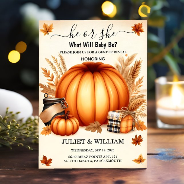 Now Farm Pink Blue Fall Girl Pumpkin Gender Reveal Invitation (Creator Uploaded)