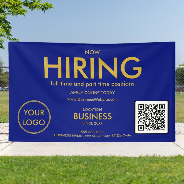 Now Hiring Modern Gold Business Logo QR Code Blue  Banner (Outside)