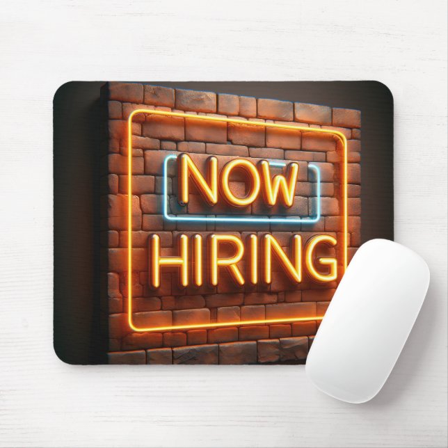 Now Hiring Neon Sign On Brick Mouse Mat (With Mouse)