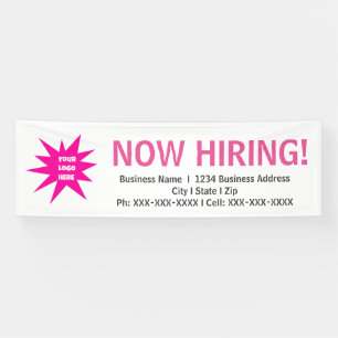 Now hiring pink white logo banner sign