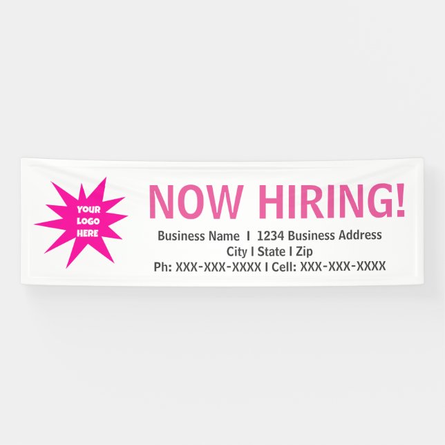 Now hiring pink white logo banner sign (Horizontal)