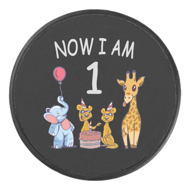 Now I am 1 year old 1st Birthday at the Zoo Hockey Puck (Front)