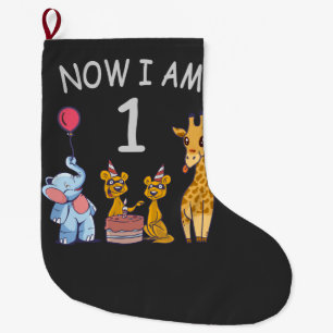 Now I am 1 year old 1st Birthday at the Zoo Large Christmas Stocking