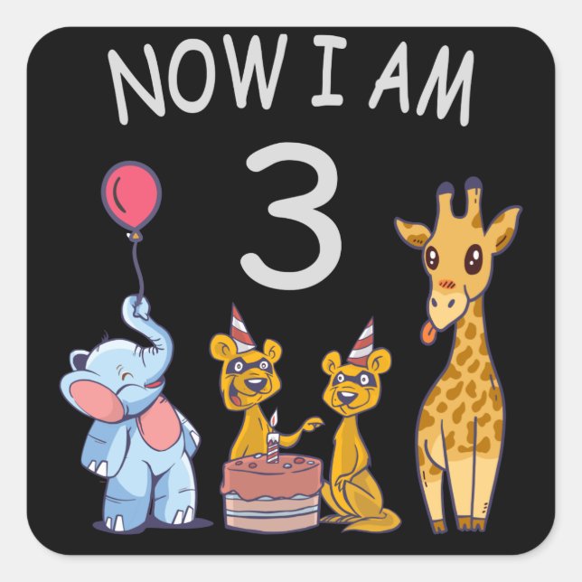 Now I am 3 year old 3rd Birthday at the Zoo Square Sticker (Front)