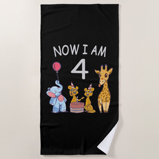 Now I am 4 year old 4th Birthday at the Zoo Beach Towel (Front)