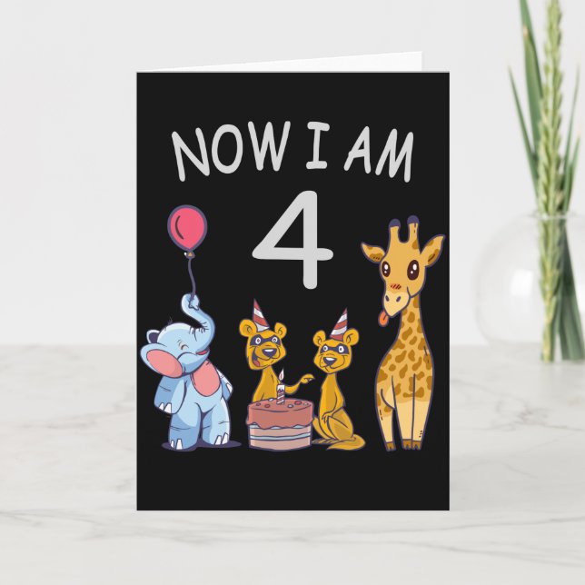 Now I am 4 year old 4th Birthday at the Zoo Card (Front)
