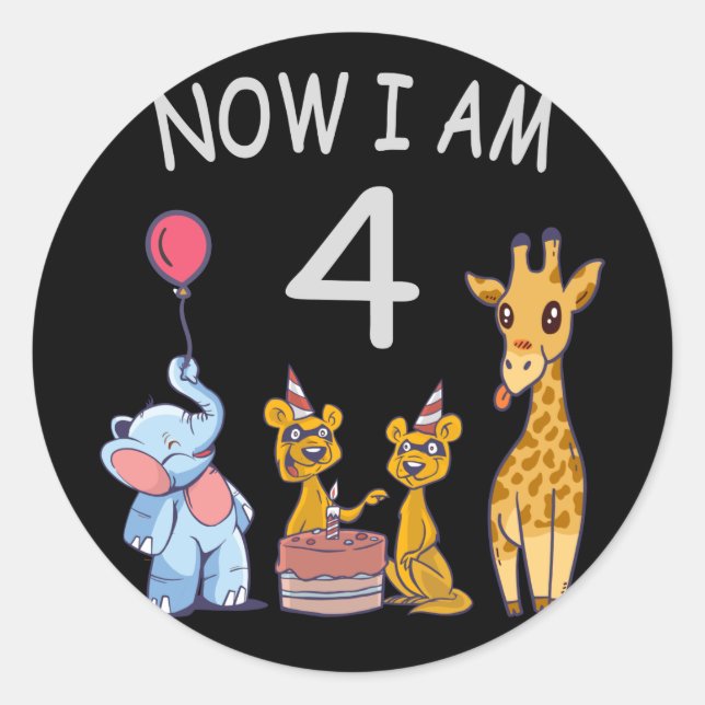 Now I am 4 year old 4th Birthday at the Zoo Classic Round Sticker (Front)